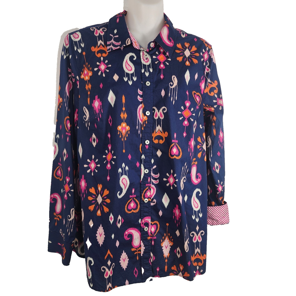 Talbots Womens Cotton Button Front Shirt Medium Ikat Paisley Navy Blue Pink Boho